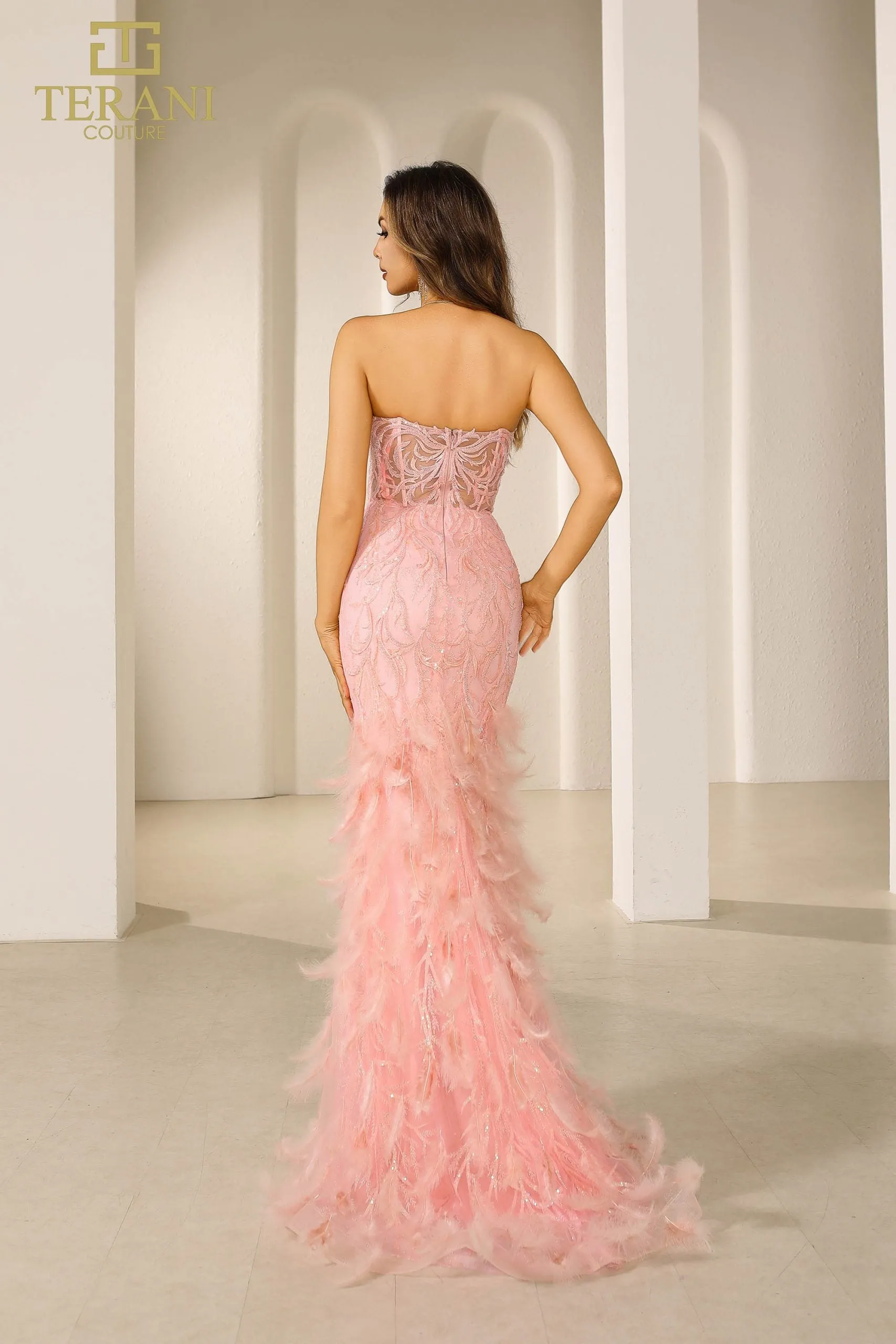 251P4002 TERANI Bodycon Strapless Embroidered Prom Dress