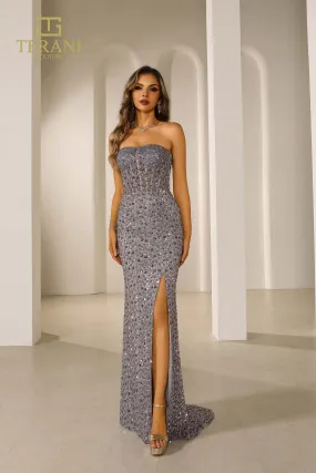 251P4560 TERANI Bodycon Strapless Beaded Tulle Long Prom Dress