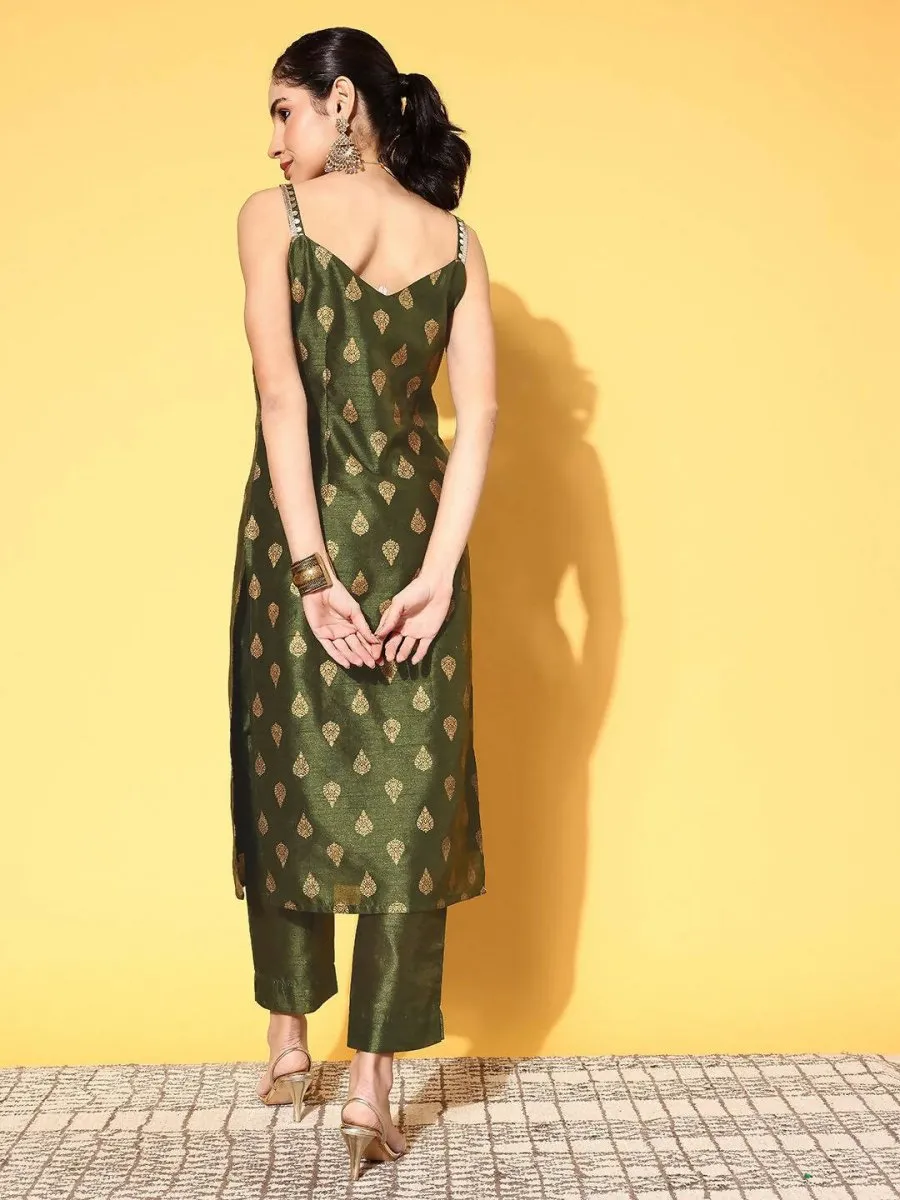 Ahalyaa Women's Olive Colour Poly Silk Gold Printed Kurta Pant Set