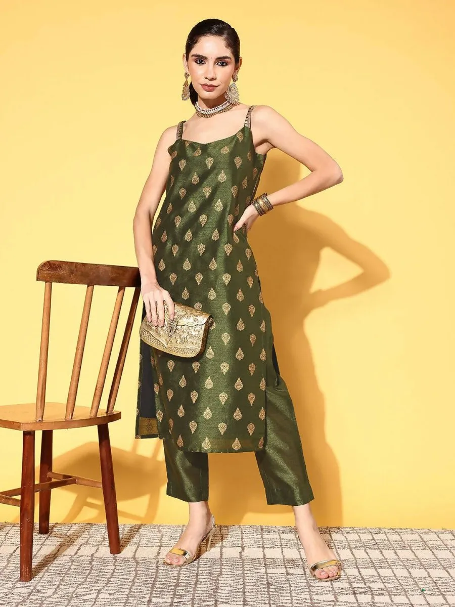Ahalyaa Women's Olive Colour Poly Silk Gold Printed Kurta Pant Set