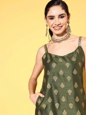 Ahalyaa Women's Olive Colour Poly Silk Gold Printed Kurta Pant Set