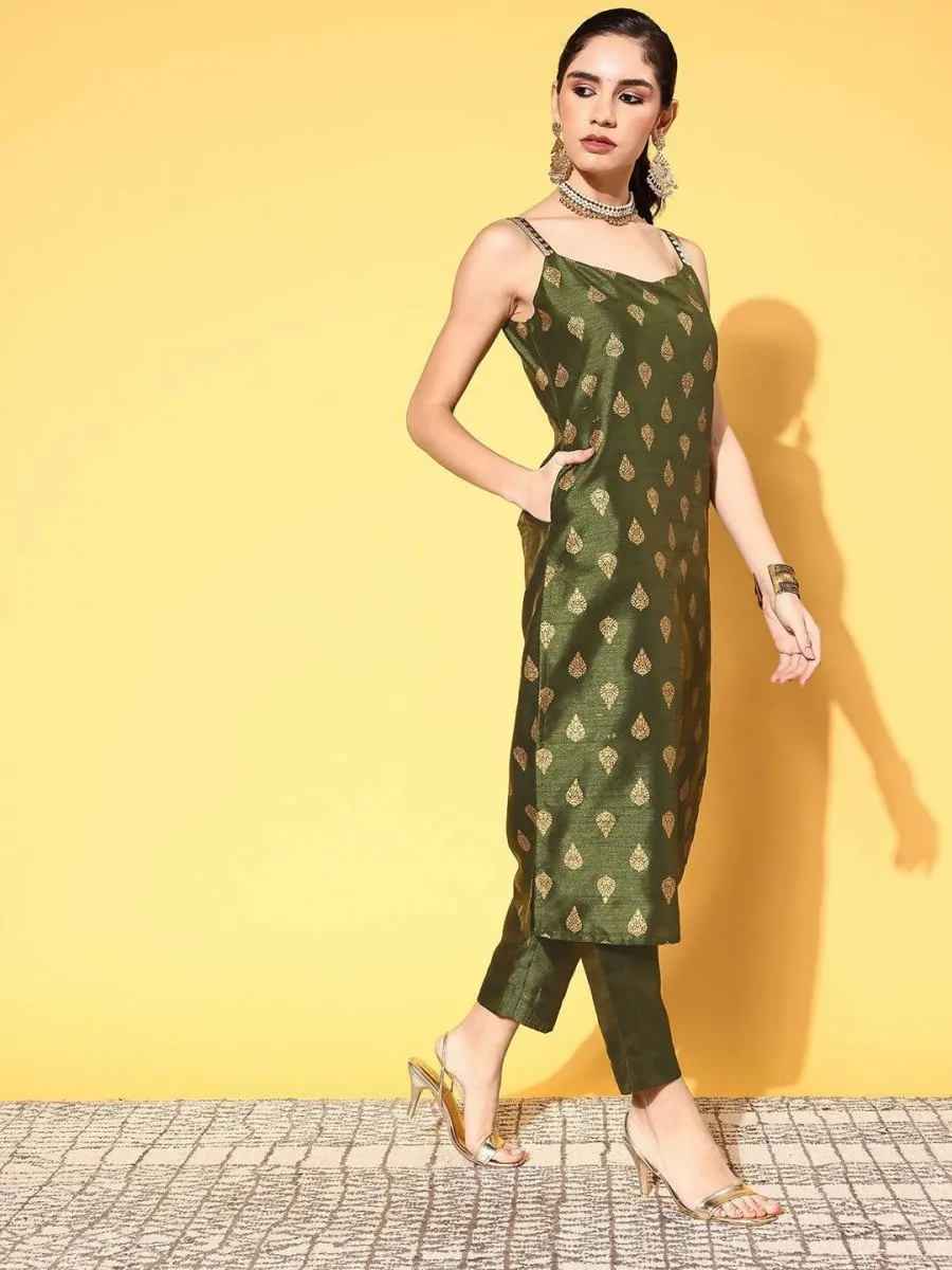 Ahalyaa Women's Olive Colour Poly Silk Gold Printed Kurta Pant Set