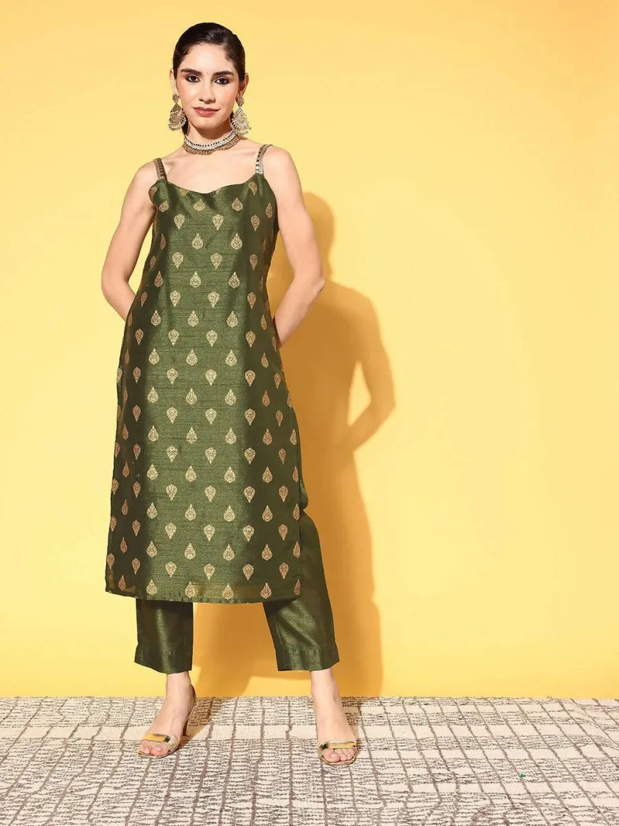 Ahalyaa Women's Olive Colour Poly Silk Gold Printed Kurta Pant Set