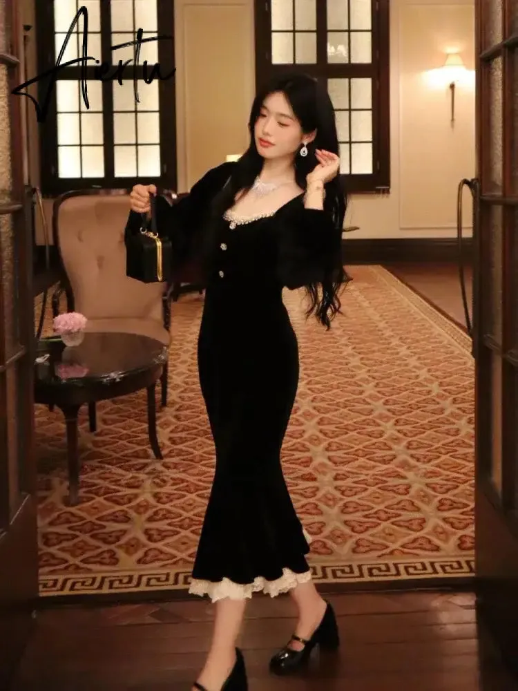 Aiertu French Black Velvet Dress Women Casual Vintage Bodycon Midi Dress Even Party One Piece Korean Chic Elegant Gowns Spring