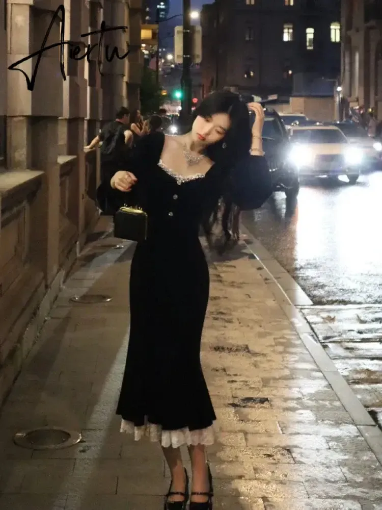 Aiertu French Black Velvet Dress Women Casual Vintage Bodycon Midi Dress Even Party One Piece Korean Chic Elegant Gowns Spring