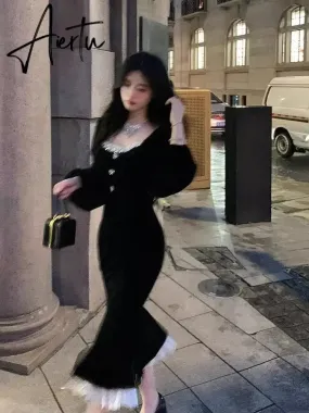 Aiertu French Black Velvet Dress Women Casual Vintage Bodycon Midi Dress Even Party One Piece Korean Chic Elegant Gowns Spring