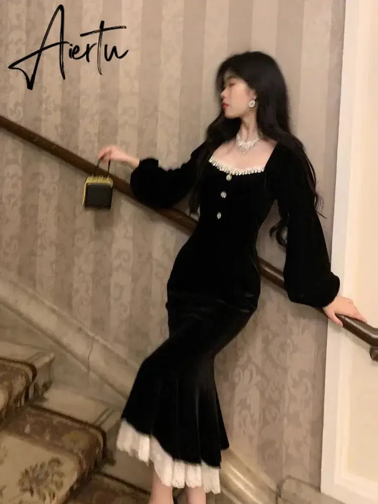 Aiertu French Black Velvet Dress Women Casual Vintage Bodycon Midi Dress Even Party One Piece Korean Chic Elegant Gowns Spring
