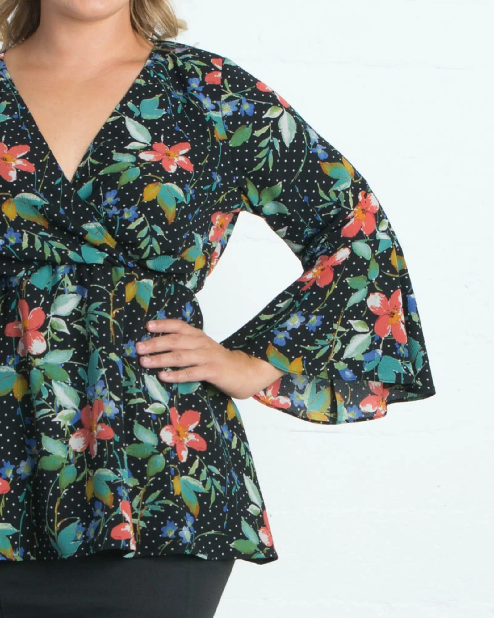 Ava Bell-Sleeve Faux-Wrap Top | POPPY POLKA DOTS