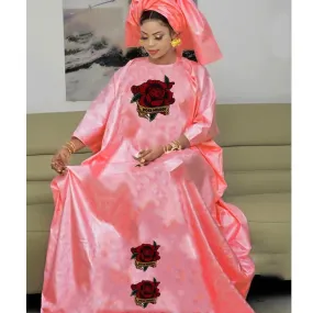 Bazin Dresses With Headscarf Women African Traditional Evening Gowns