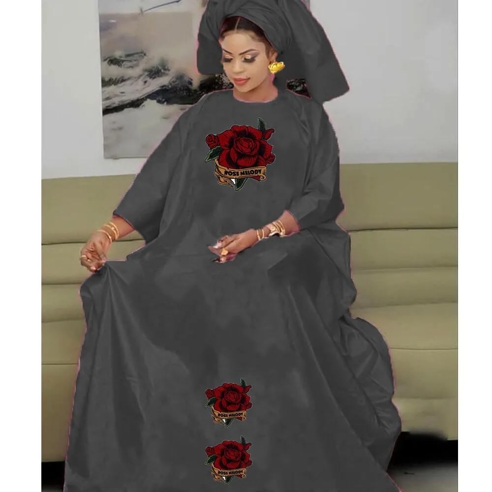 Bazin Dresses With Headscarf Women African Traditional Evening Gowns