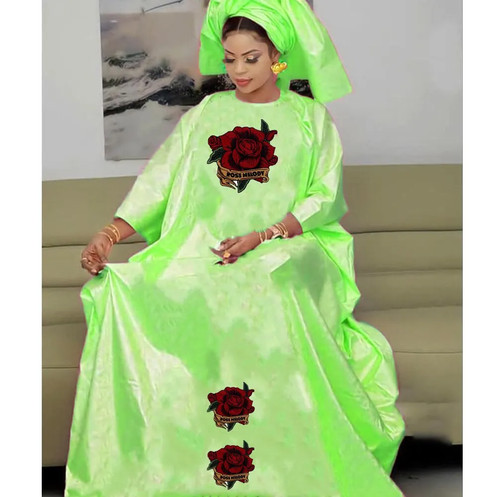 Bazin Dresses With Headscarf Women African Traditional Evening Gowns