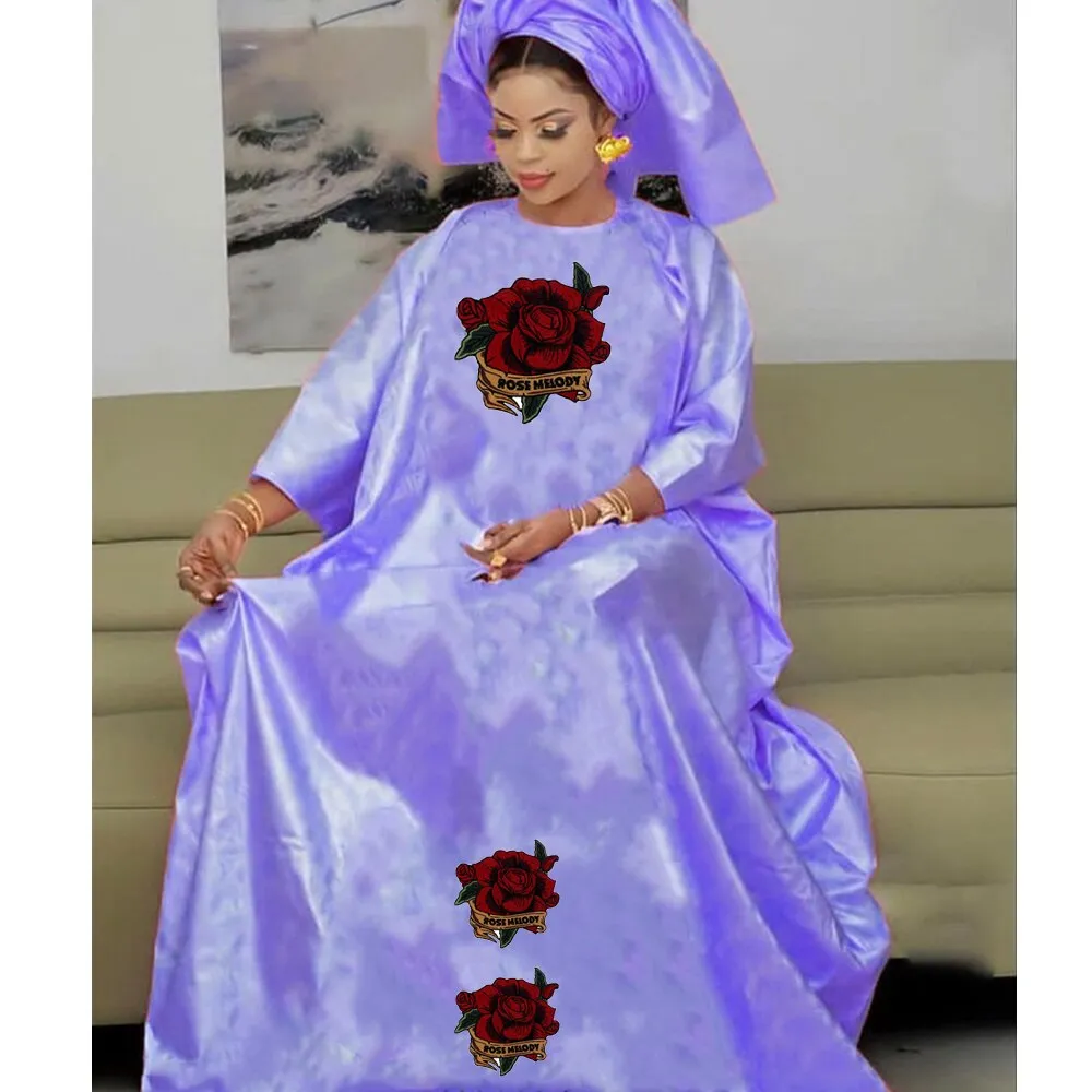 Bazin Dresses With Headscarf Women African Traditional Evening Gowns