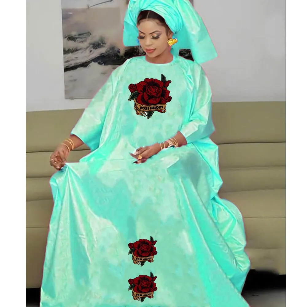 Bazin Dresses With Headscarf Women African Traditional Evening Gowns