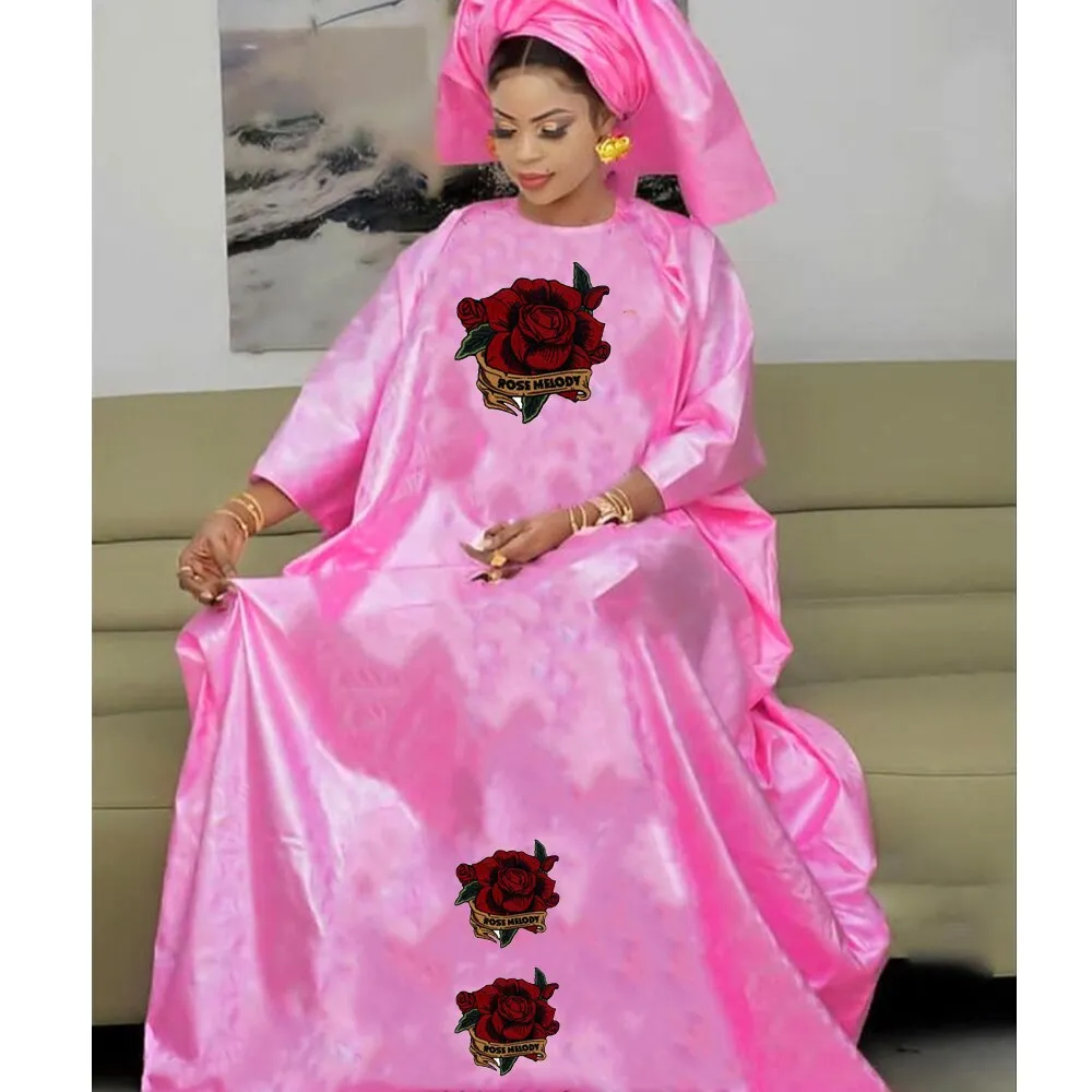 Bazin Dresses With Headscarf Women African Traditional Evening Gowns