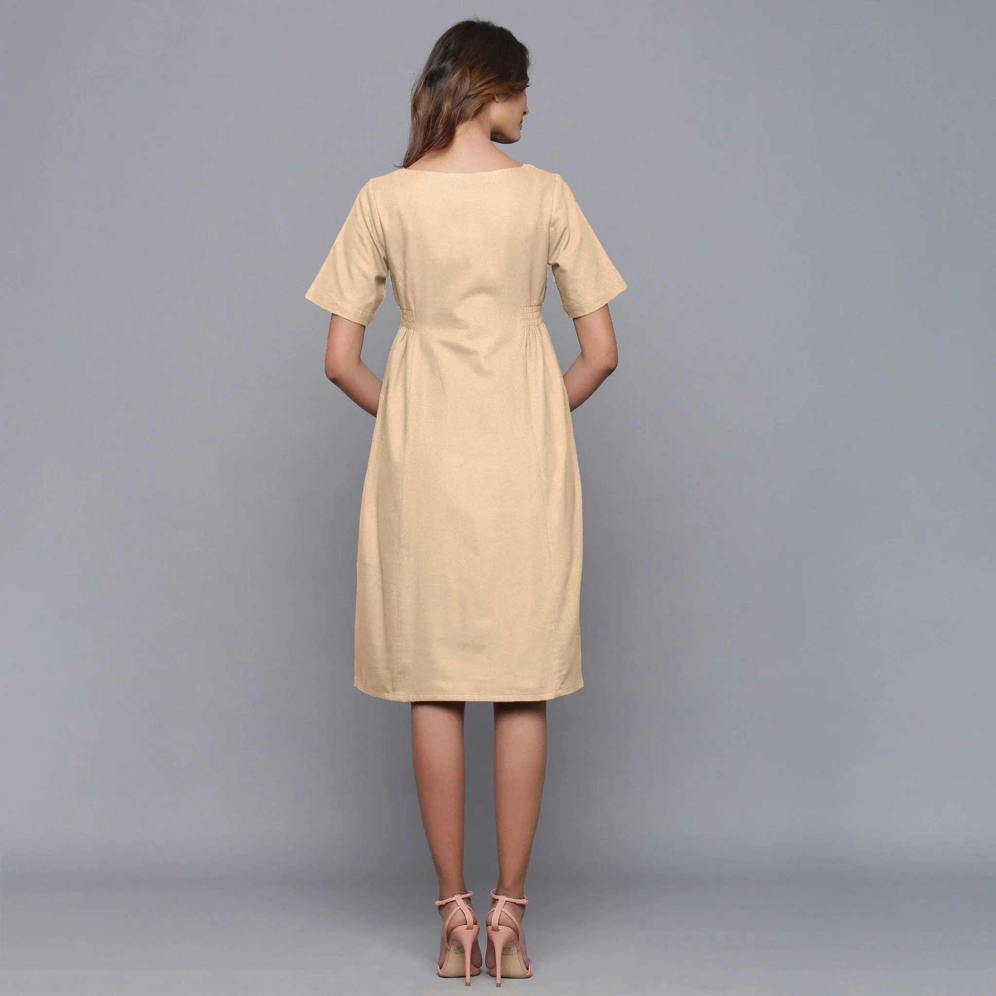 Beige Warm Cotton Flannel Knee Length Paneled Dress