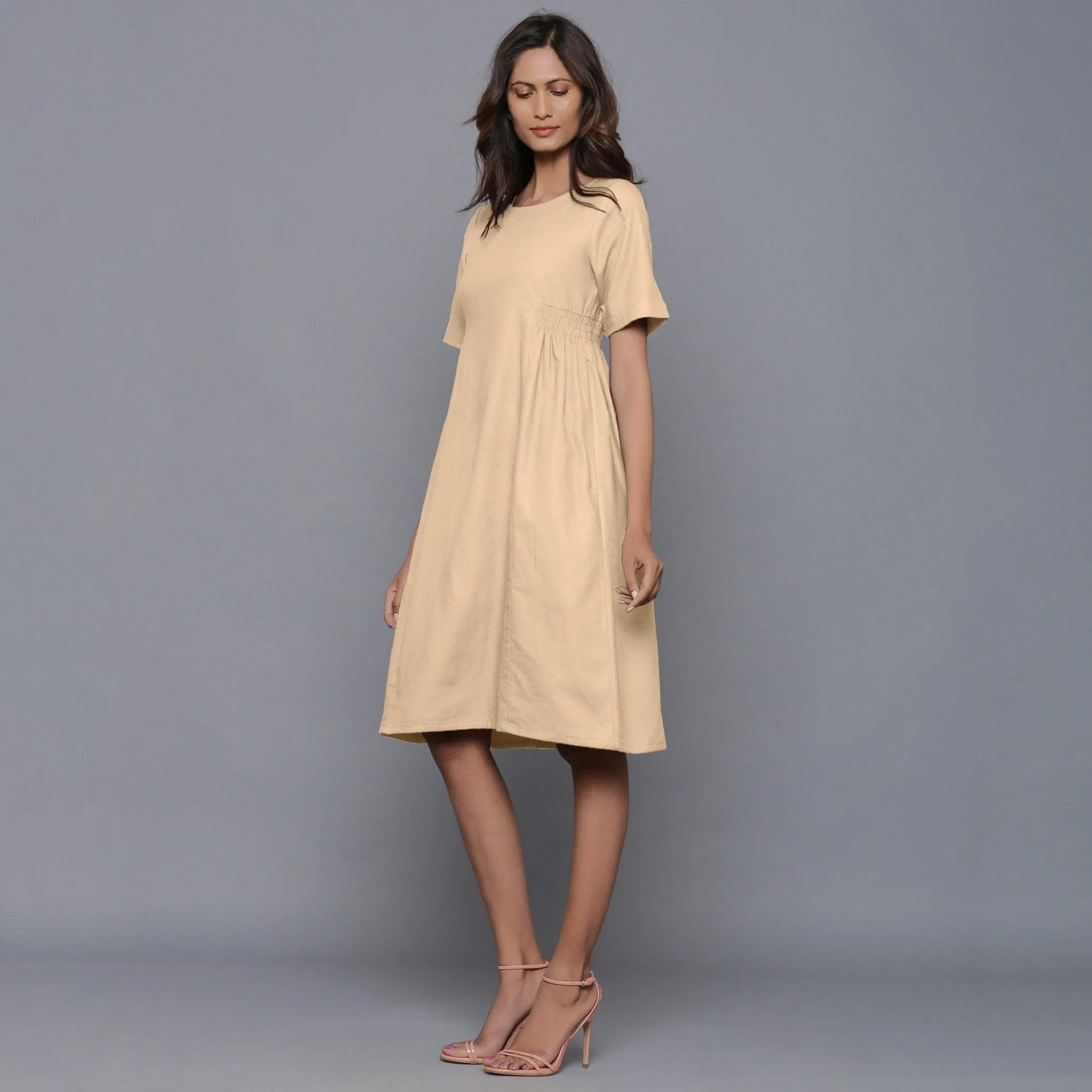 Beige Warm Cotton Flannel Knee Length Paneled Dress