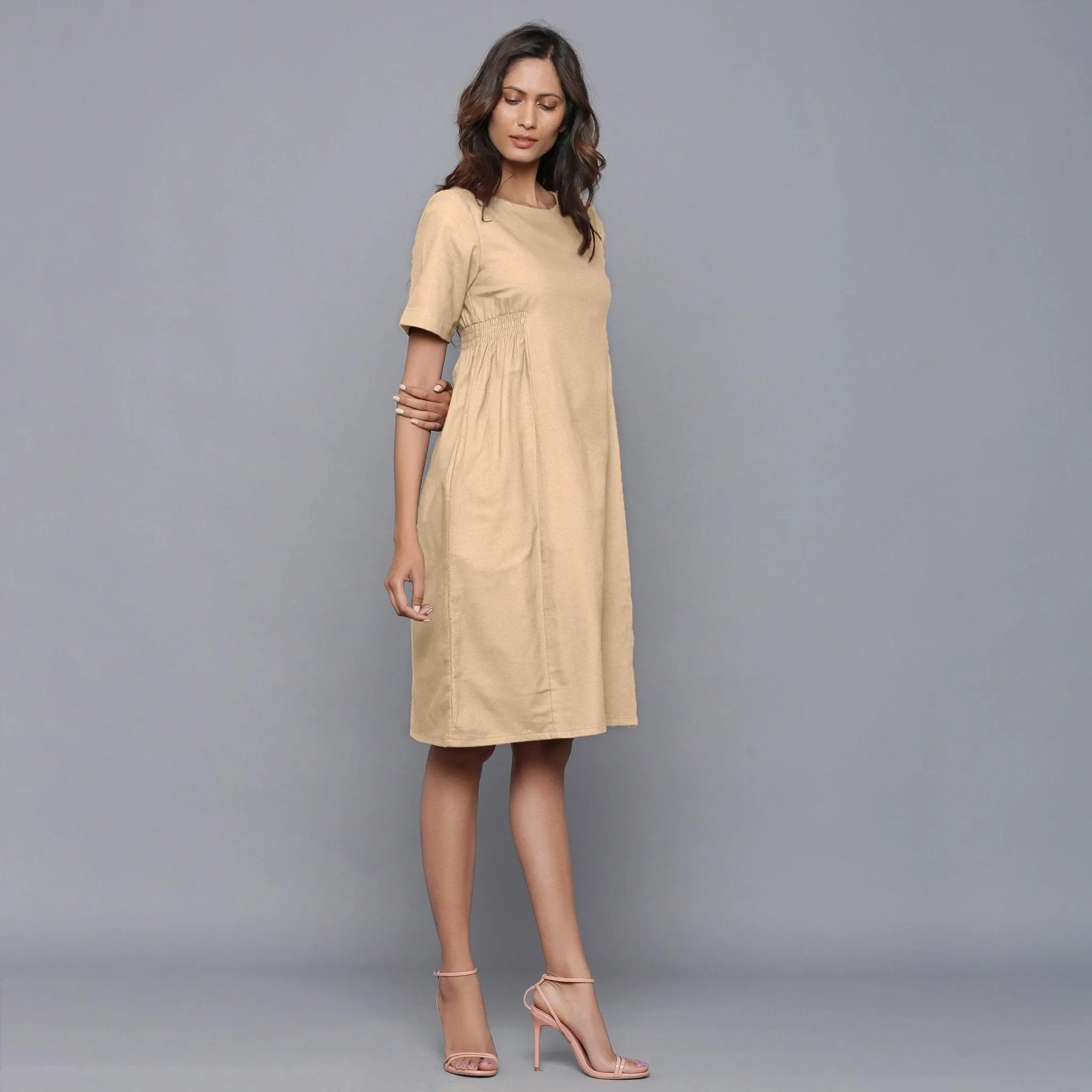 Beige Warm Cotton Flannel Knee Length Paneled Dress