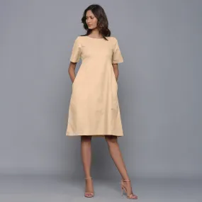 Beige Warm Cotton Flannel Knee Length Paneled Dress