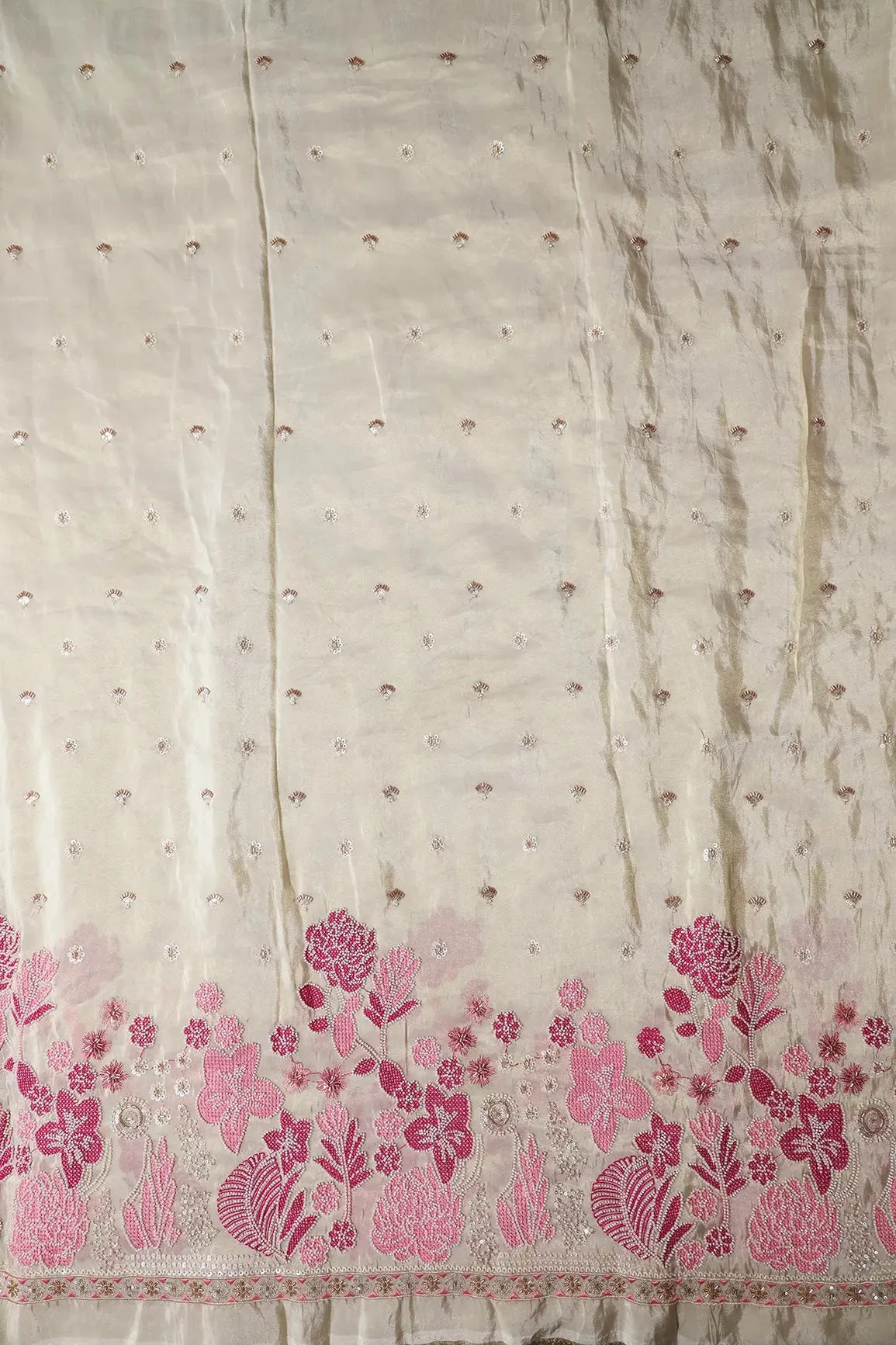 Big Width 56 White Beads With Sequins Floral Embroidery On Dyeable Viscose Zari Tissue Fabric With Border