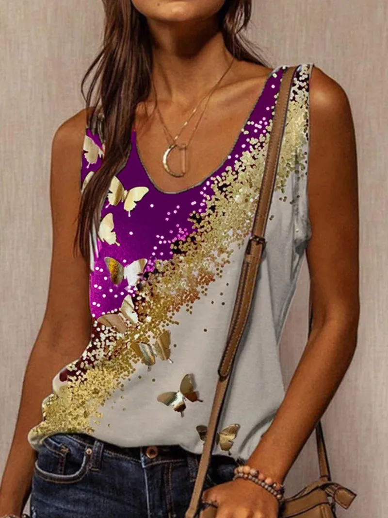 Butterfly print comfortable sleeveless T-shirt casual Vest