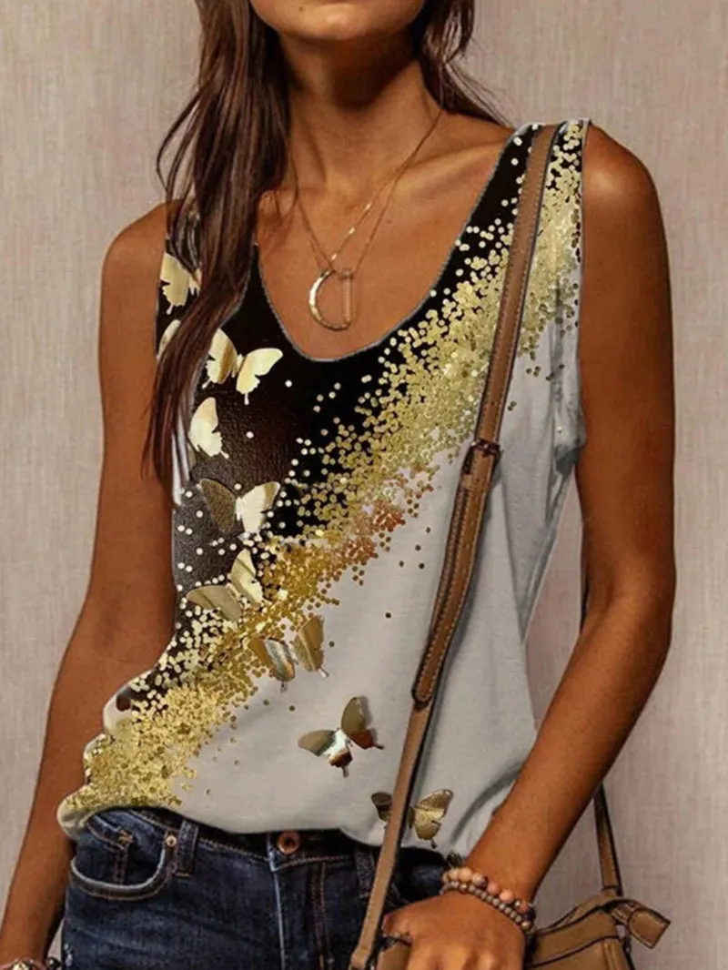 Butterfly print comfortable sleeveless T-shirt casual Vest