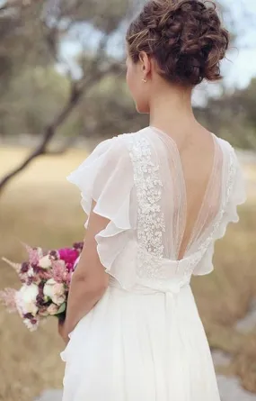 Cheap Plus Size Chiffon Country Wedding Dresses Lace Flowers V Neck Back Sheer Summer Bridal Gowns