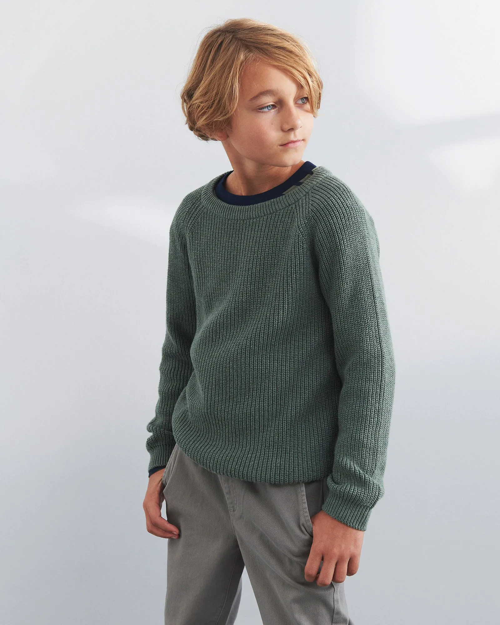 Cotton Knit Sweater - Tween - Green Melange