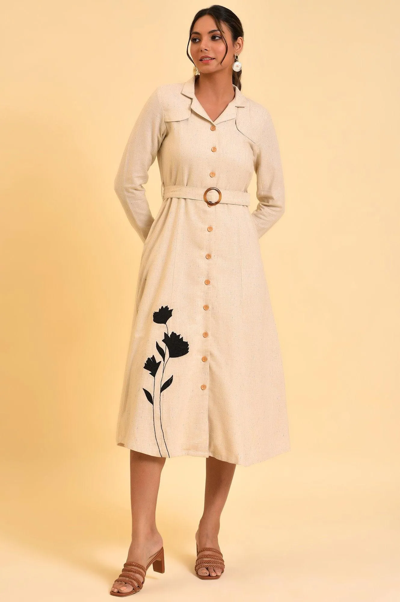 Ecru Solid Trench Dress With Waist Belt