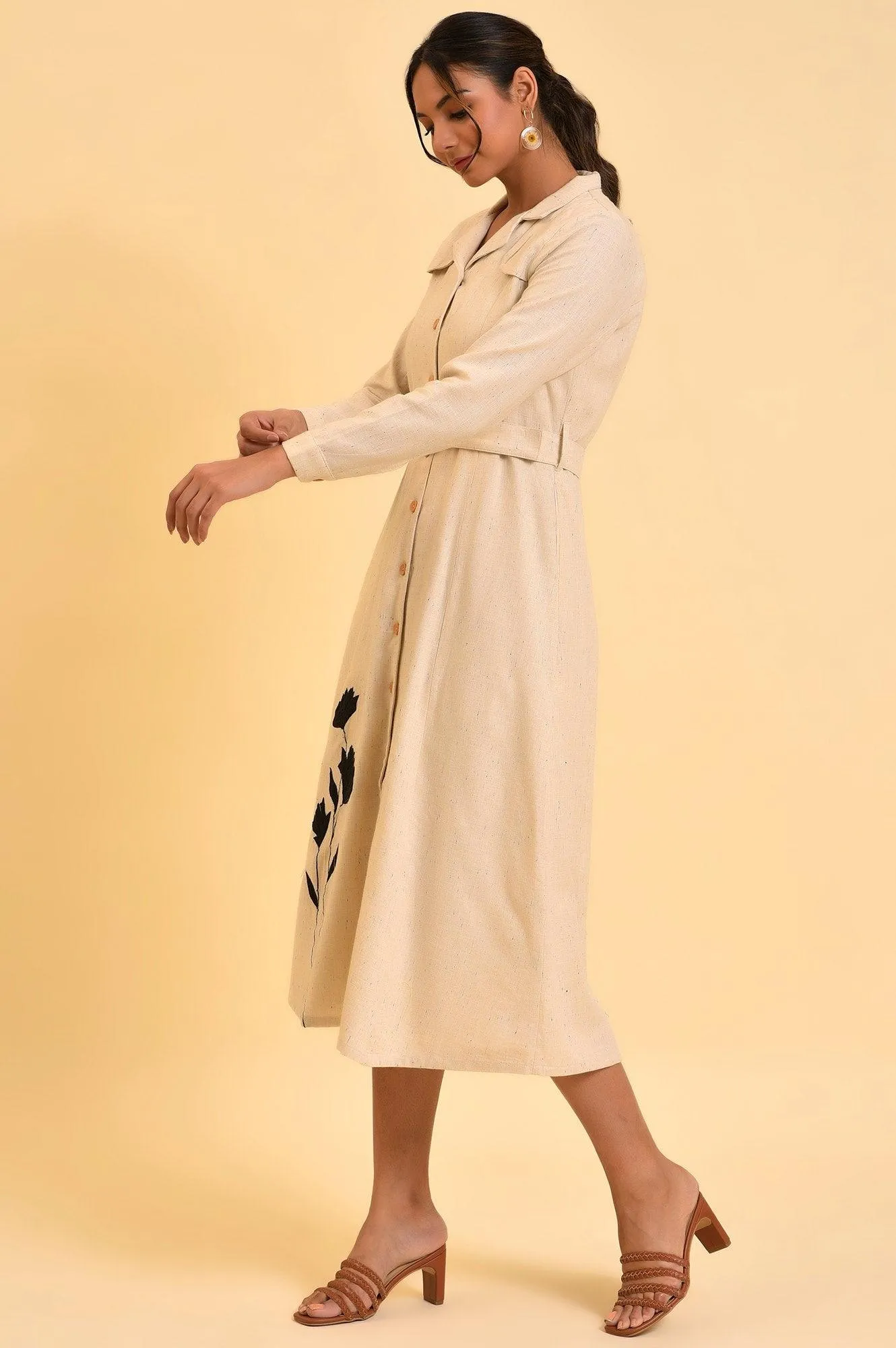 Ecru Solid Trench Dress With Waist Belt