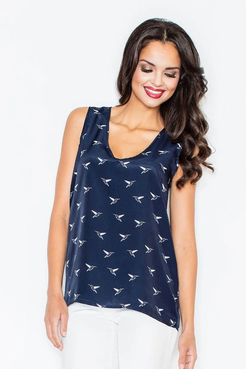 Elegant Bird Print Sweetheart Blouse