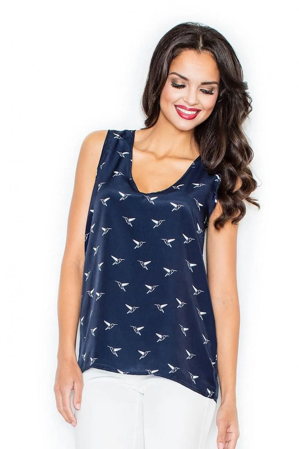 Elegant Bird Print Sweetheart Blouse