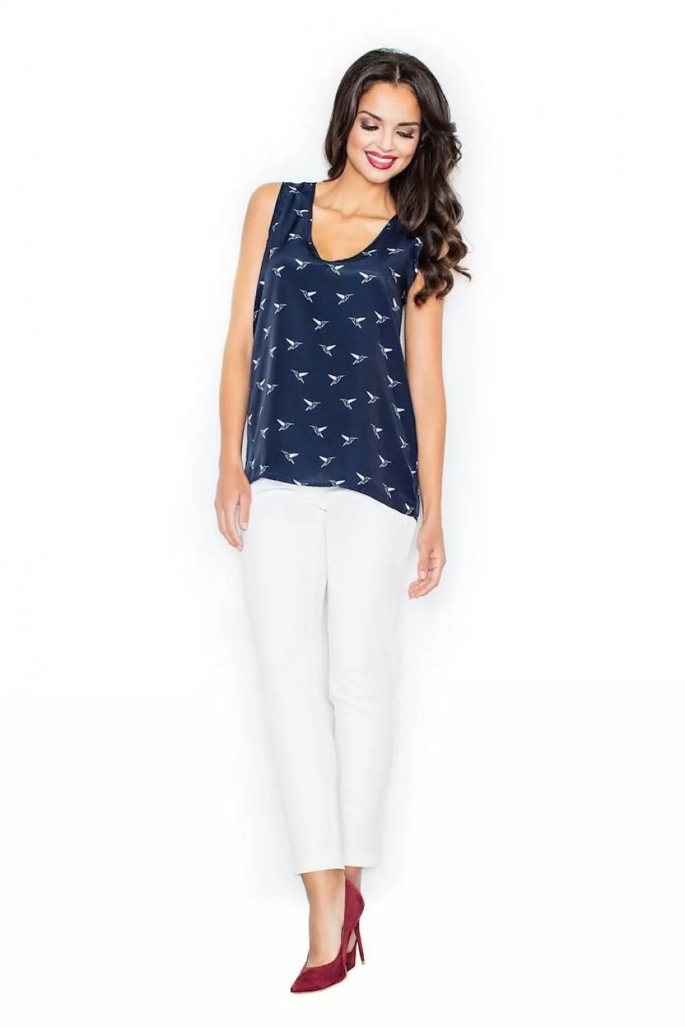 Elegant Bird Print Sweetheart Blouse