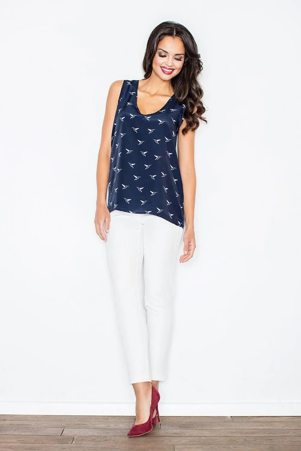 Elegant Bird Print Sweetheart Blouse