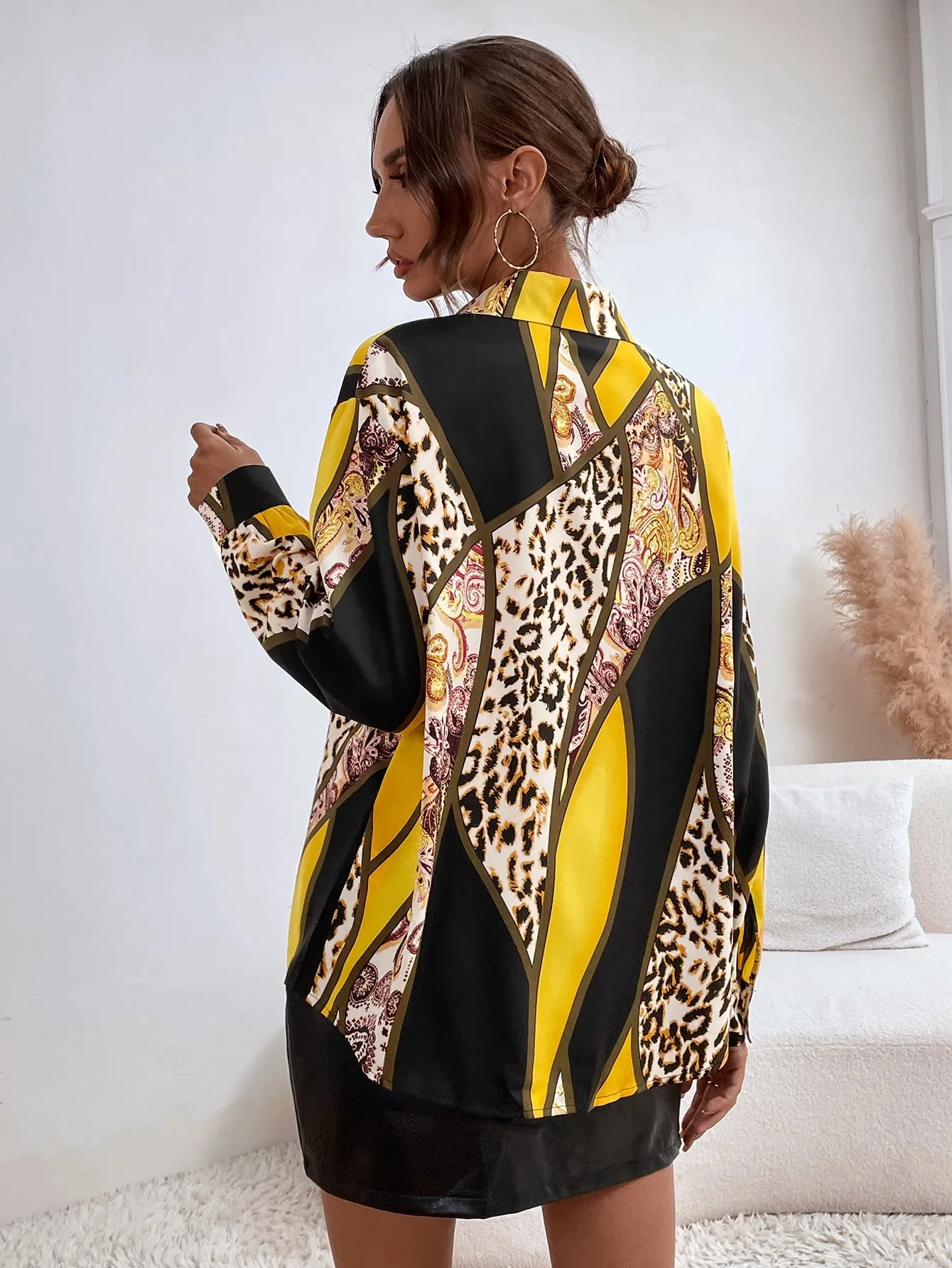 Elegant Colorblock Button Front Long Sleeve Collar Long Blouse
