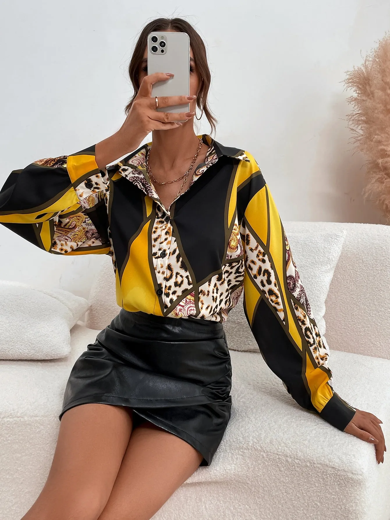Elegant Colorblock Button Front Long Sleeve Collar Long Blouse
