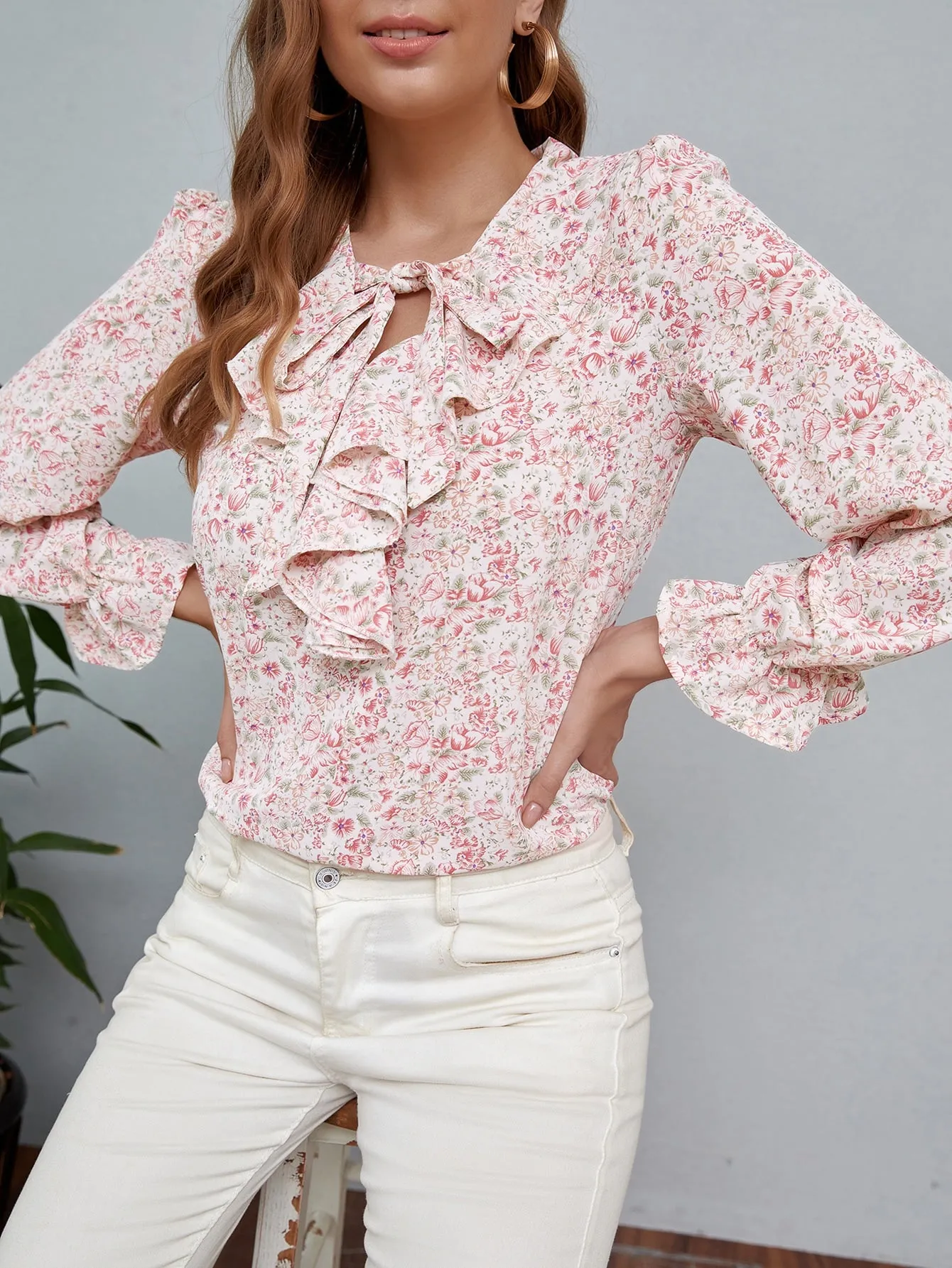 Elegant Floral Tie Front Long Sleeve Tie Neck Regular Blouse