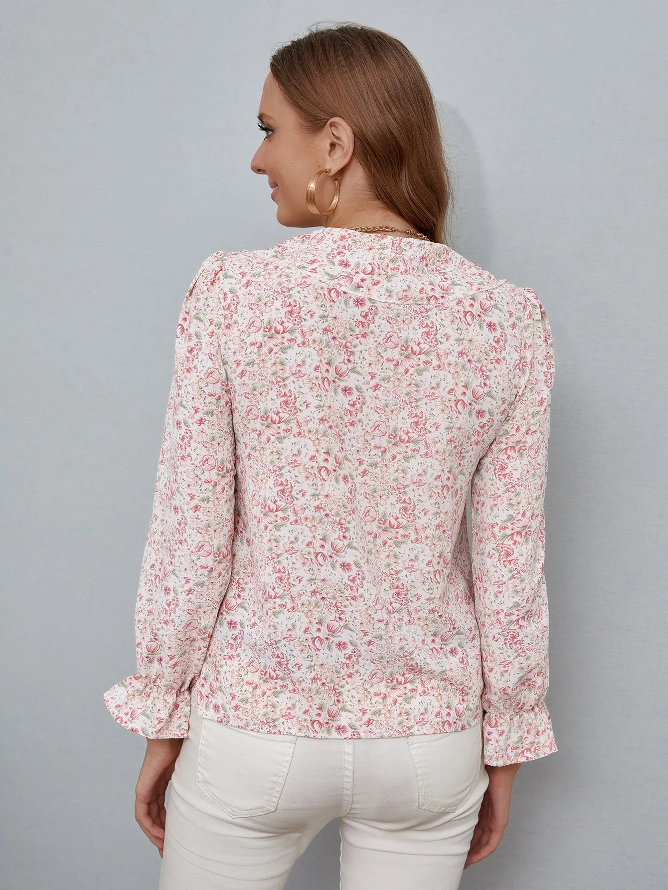Elegant Floral Tie Front Long Sleeve Tie Neck Regular Blouse