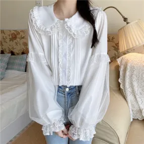 Elegant Lace Cuff Long Sleeve White Blouses
