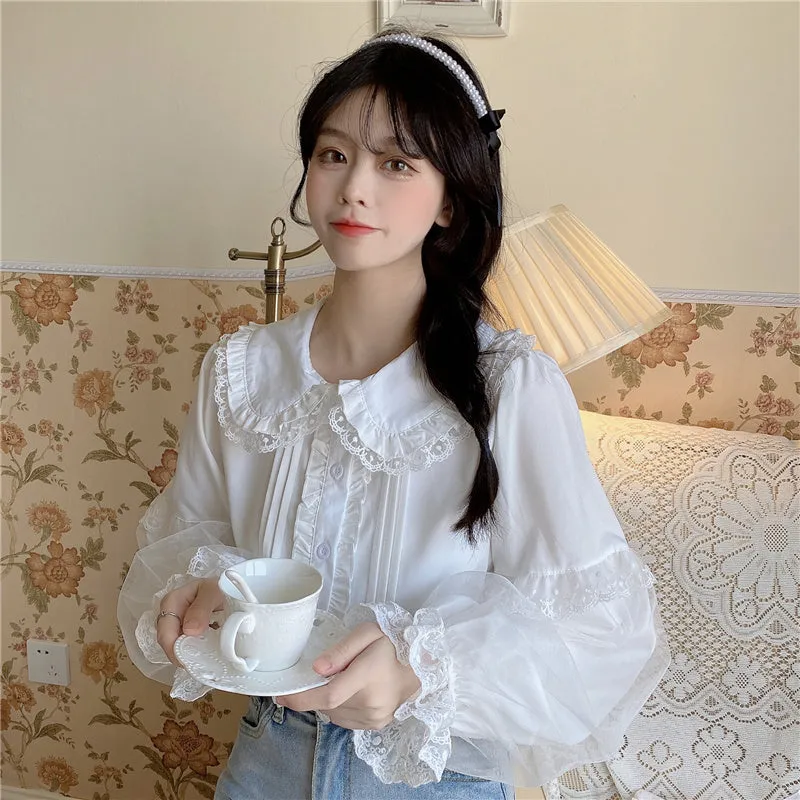 Elegant Lace Cuff Long Sleeve White Blouses