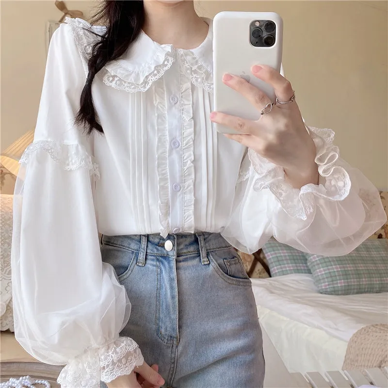 Elegant Lace Cuff Long Sleeve White Blouses