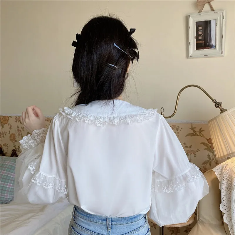 Elegant Lace Cuff Long Sleeve White Blouses