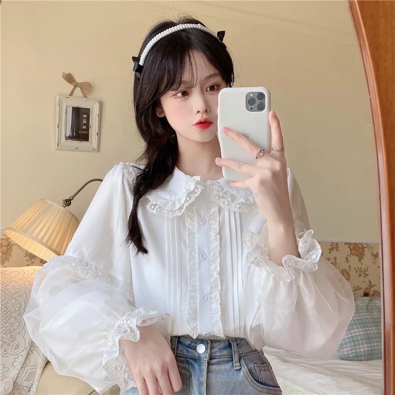 Elegant Lace Cuff Long Sleeve White Blouses