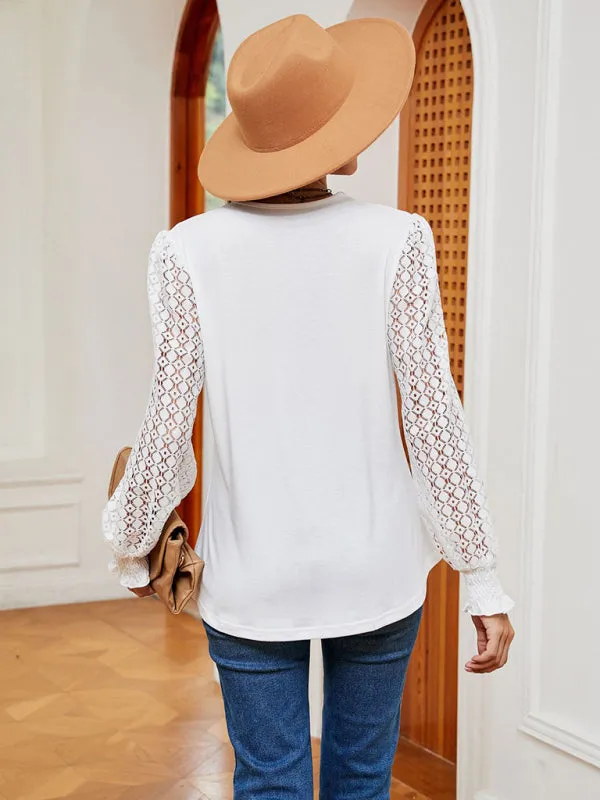 Elegant Lace-Trimmed V-Neck Blouse with Bishop Long Sleeves