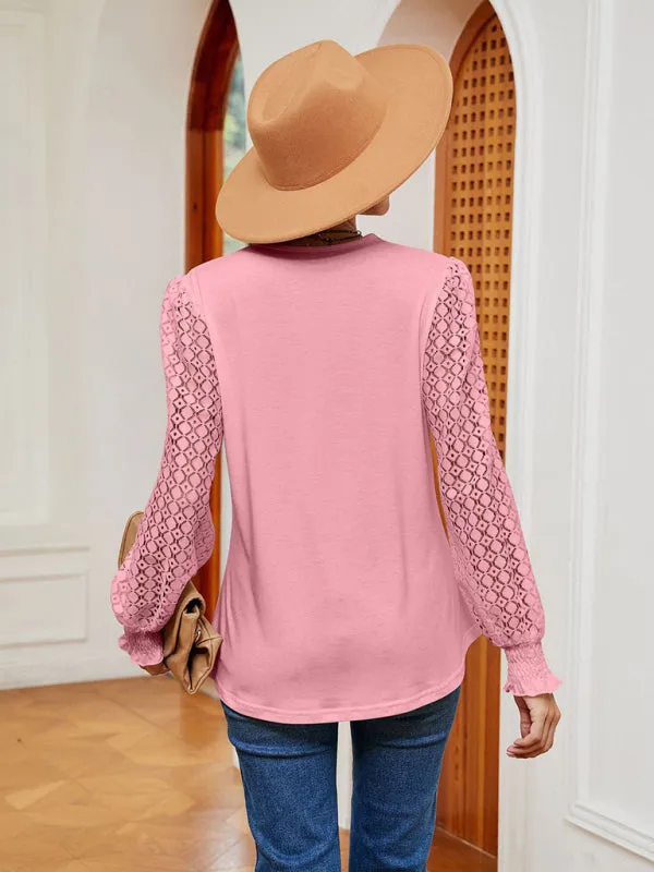 Elegant Lace-Trimmed V-Neck Blouse with Bishop Long Sleeves
