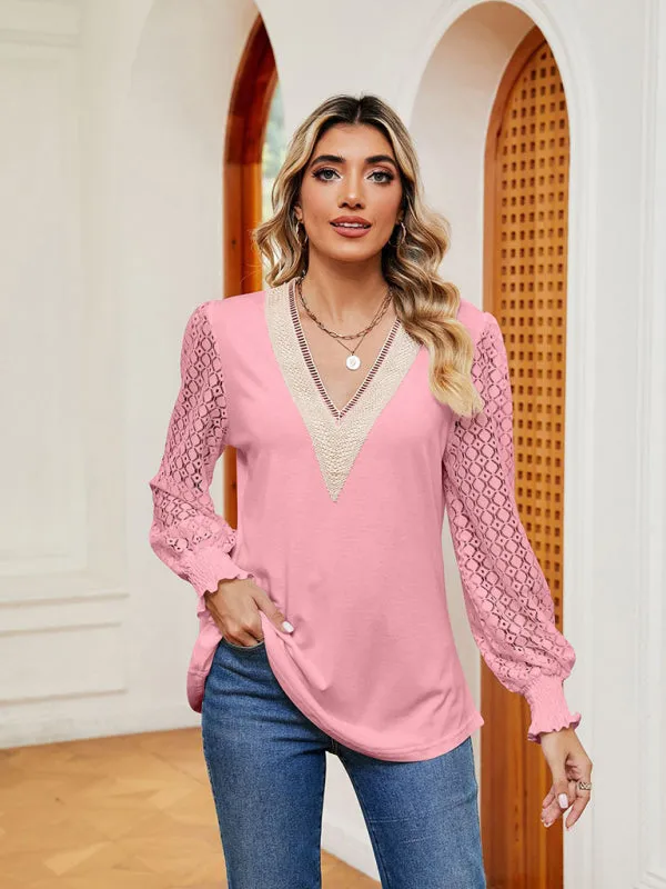Elegant Lace-Trimmed V-Neck Blouse with Bishop Long Sleeves