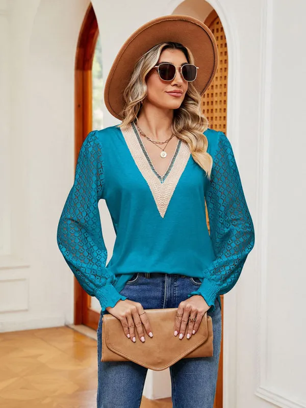 Elegant Lace-Trimmed V-Neck Blouse with Bishop Long Sleeves