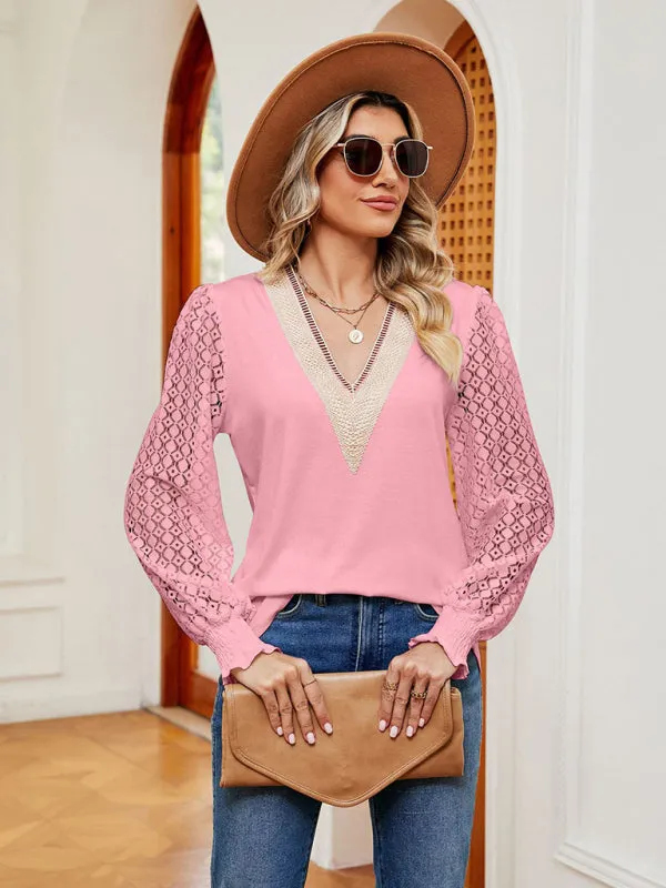 Elegant Lace-Trimmed V-Neck Blouse with Bishop Long Sleeves