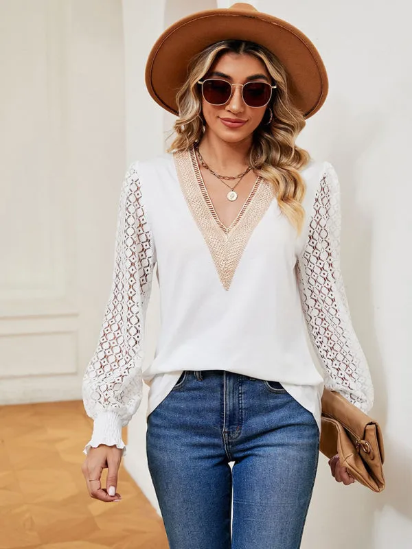 Elegant Lace-Trimmed V-Neck Blouse with Bishop Long Sleeves