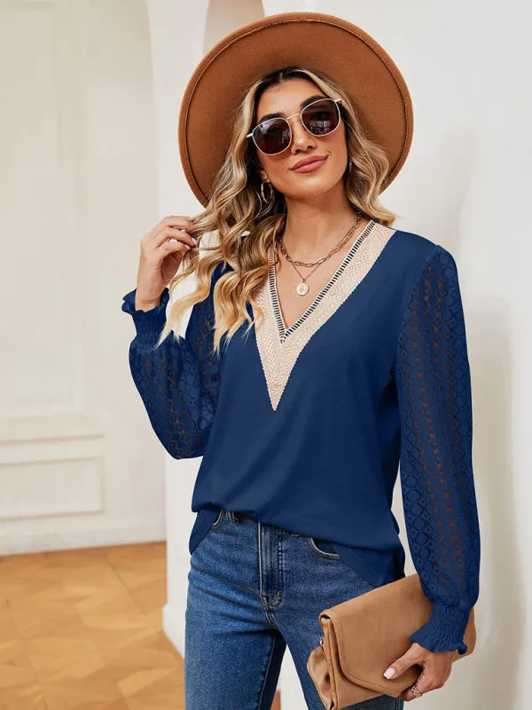 Elegant Lace-Trimmed V-Neck Blouse with Bishop Long Sleeves
