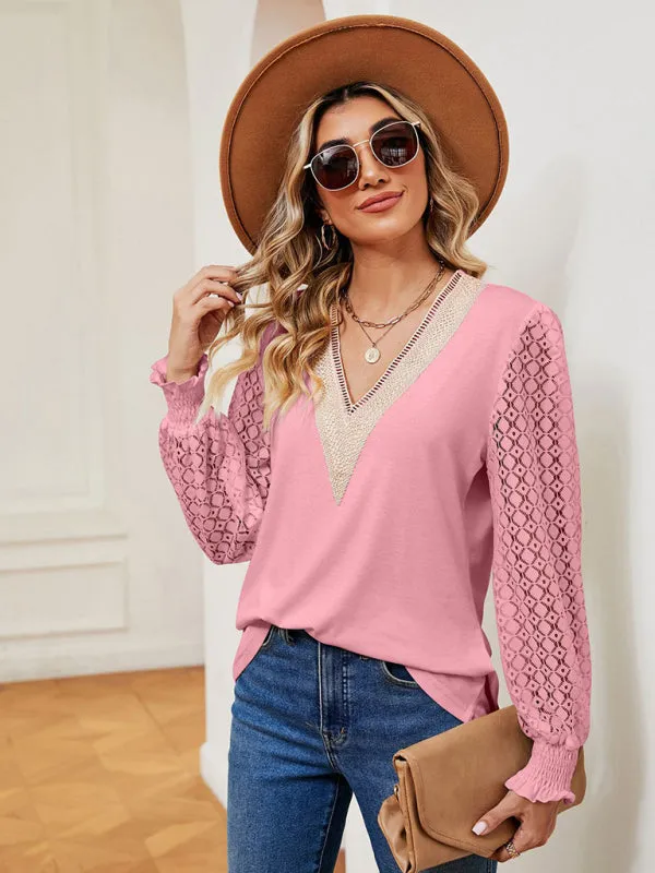 Elegant Lace-Trimmed V-Neck Blouse with Bishop Long Sleeves